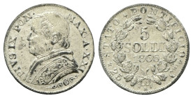 ROMA
Pio IX (Giovanni Maria Mastai Ferretti), 1846-1878.
5 Soldi 1866 a. XXI.
Ag
gr. 1,24
Dr. PIVS IX PON• - MAX•A•XXI. Busto a s. con zucchetto,...