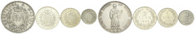 SAN MARINO
Vecchia monetazione, 1864-1938.
Serie completa 1898: 5 e 2 Lire (R), 1 Lira (R), 50 Centesimi.
Ag
gr. 42,34 totali
Dr. Stemma coronato...
