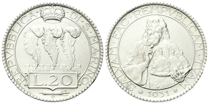 SAN MARINO
Vecchia monetazione, 1864-1938.
20 Lire 1931.
Ag
gr. 
Dr. Tre pe...