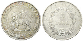 VENEZIA
Governo Provvisorio di Venezia, 1848-1849.
5 Lire 1848, I Tipo 22 Marzo.
Ag
gr. 24,75
Dr. ★REPUBBLICA VENETA★ / 22 MARZO 1848. Leone nimb...