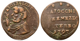 VITERBO
Pio VI (Giannangelo Braschi), 1775-1799.
San Pietrino da 2 e ½ Baiocchi 1797 (ridotto).
Æ
gr. 7,97
Dr. S - P •APOSTOLORUM PRINC•. Busto d...