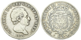 REGNO DI SARDEGNA
Carlo Felice, 1821-1831.
5 Lire 1825 Torino.
Ag
Dr. Testa del sovrano rivolta a d.
Rv. Scudo inquartato a forma di cuore e sorm...