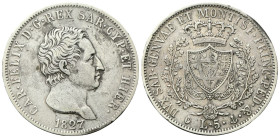 REGNO DI SARDEGNA
Carlo Felice, 1821-1831.
5 Lire 1827 Genova.
Ag
Dr. Testa del sovrano rivolta a d.
Rv. Scudo inquartato a forma di cuore e sorm...