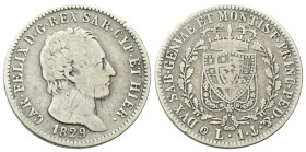 REGNO DI SARDEGNA
Carlo Felice, 1821-1831.
Lira 1829 Genova (P).
Ag
Dr. Testa del sovrano rivolta a d.
Rv. Scudo inquartato a forma di cuore e so...