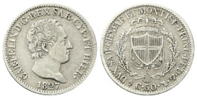 REGNO DI SARDEGNA
Carlo Felice, 1821-1831.
50 Centesimi 1827 Torino. 
Ag
Dr. Testa del sovrano rivolta a d.
Rv. Scudo inquartato a forma di cuore...