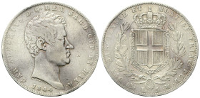 REGNO DI SARDEGNA
Carlo Alberto, 1831-1849.
5 Lire 1844 Genova.
Ag
Dr. Testa del sovrano rivolta a d.
Rv. Stemma sabaudo crociato sormontato da c...