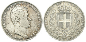 REGNO DI SARDEGNA
Carlo Alberto, 1831-1849.
5 Lire 1847 Genova.
Ag
Dr. Testa del sovrano rivolta a d.
Rv. Stemma sabaudo crociato sormontato da c...