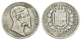 REGNO DI SARDEGNA
Vittorio Emanuele II, 1849-1861.
Lira 1850 Genova.
Ag
Dr. Testa del sovrano rivolta a d.
Rv. Stemma crociato e coronato, con il...