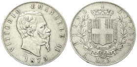 REGNO D’ITALIA
Vittorio Emanuele II, 1861-1878.
5 Lire 1875 Roma.
Ag
Dr. Testa del sovrano rivolta a d.
Rv. Stemma sabaudo crociato sormontato da...