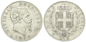 REGNO D’ITALIA
Vittorio Emanuele II, 1861-1878.
5 Lire 1878 Roma.
Ag
Dr. Testa del sovrano rivolta a d.
Rv. Stemma sabaudo crociato sormontato da...