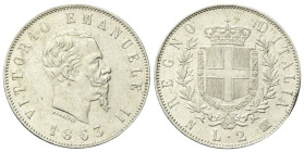 REGNO D’ITALIA
Vittorio Emanuele II, 1861-1878.
2 Lire 1863 Napoli, II° Tipo.
Ag
Dr. Testa del sovrano rivolta a d.
Rv. Valore su due righe tra d...