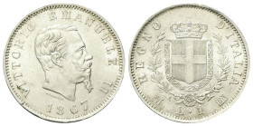 REGNO D’ITALIA
Vittorio Emanuele II, 1861-1878.
Lira 1867 Milano, I° Tipo.
Ag
Dr. Testa del sorvano rivolta a d.
Rv. Stemma sabaudo crociato sorm...