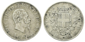 REGNO D’ITALIA
Vittorio Emanuele II, 1861-1878.
50 Centesimi 1862 Torino, I° Tipo.
Ag
Dr. Testa del sorvano rivolta a d.
Rv. Stemma sabaudo croci...