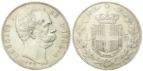 REGNO D’ITALIA
Umberto I, 1878-1900.
5 Lire 1879 Roma, II° Tipo.
Ag
Dr. Testa del sovrano rivolta a d.
Rv. Stemma sabaudo crociato sormontato da ...