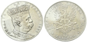 COLONIA ERITREA
Umberto I, 1890-1896.
5 Lire (Tallero) 1891 Roma.
Ag
gr. 27,95
Dr. Semibusto del sovrano in uniforme, con testa coronata rivolta ...