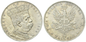 COLONIA ERITREA
Umberto I, 1890-1896.
5 Lire (Tallero) 1896 Roma.
Ag
gr. 27,97
Dr. Semibusto del sovrano in uniforme, con testa coronata rivolta ...