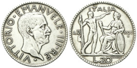 REGNO D’ITALIA
Vittorio Emanuele III, 1900-1943.
20 Lire 1927 a. VI Roma, Littore.
Ag
Dr. Testa del sovrano rivolta a d.
Rv. Figura eretta di lit...
