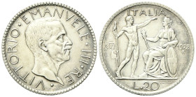 REGNO D’ITALIA
Vittorio Emanuele III, 1900-1943.
20 Lire 1928 a. VI Roma, Littore.
Ag
Dr. Testa del sovrano rivolta a d.
Rv. Figura eretta di lit...