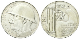 REGNO D’ITALIA
Vittorio Emanuele III, 1900-1943.
20 Lire 1928 a. VI Roma, Elmetto.
Ag
Dr. Semibusto del sovrano in uniforme, con testa coperta da ...