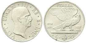REGNO D’ITALIA
Vittorio Emanuele III, 1900-1943.
50 Centesimi 1936 a. XIV Roma, Impero.
Ni
Dr. Testa scoperta del sovrano rivolta a d.
Rv. Aquila...
