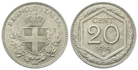 REGNO D’ITALIA
Vittorio Emanuele III, 1900-1943.
20 Centesimi 1919 rigato Roma, Esagono.
Cu/Ni
Dr. Scudo sabaudo crociato sormontato da corona, fr...