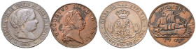 BERMUDA SPAGNA
Giorgio III, e Isabella II di Spagna.
Lotto di 2 monete estere: Penny 1793 e 5 Centesimi 1868.
Æ
gr. 24,51 totali
Dr. 
Rv. 
q. S...