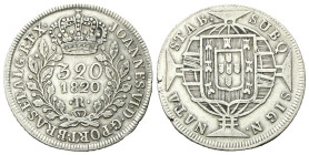 BRASILE
Giovanni VI di Braganza, 1816-1826.
320 Reis 1820 Rio de Janeiro.
Ag
gr. 8,63
Dr. JOANNES IV D G PORT BRAS ET ALG REX. Corona regale con ...