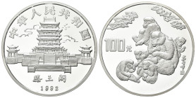 CINA
Repubblica Popolare Cinese, dal 1949.
100 Yuan 1992, anno della scimmia.
Ag
gr. 372,87
Dr. Tempio del Cielo.
Rv. Scimmie.
KM#431.
In scat...