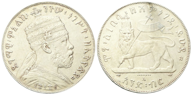 ETIOPIA
Menelik II, 1889-1913.
Birr 1889 (1897).
Ag
gr. 27,83
Dr. Busto cor...