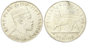 ETIOPIA
Menelik II, 1889-1913.
Birr 1889 (1897).
Ag
gr. 27,83
Dr. Busto coronato a d.
Rv. Leone vessillifero verso s. 
KM#5.
SPL