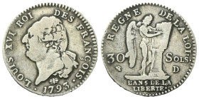 FRANCIA
Luigi XVI di Borbone, Periodo Costituzionale, 1791-1793.
30 Sols 1793 D, zecca di Lione.
Ag
gr. 9,82
Dr. LOUIS XVI ROI - DES FRANCOIS. Te...