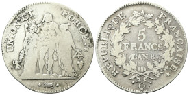 FRANCIA
Prima Repubblica, 1792-1804.
5 Franchi a. 8 (1799) Q, Perpignan.
Ag
gr. 24,26
Dr. Ercole stante tra Libertà e Uguaglianza.
Dr. REPUBLIQU...