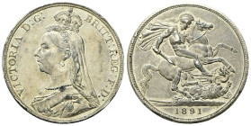 GRAN BRETAGNA
Regina Vittoria, 1837-1901.
Corona (Crown) 1891.
Ag
gr. 27,85
Dr. Busto coronato e velato a s.
Rv. San Giorgio a cavallo trafigge ...