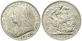 GRAN BRETAGNA
Regina Vittoria, 1837-1901.
Corona (Crown) 1900.
Ag
gr. 28,08
Dr. Busto coronato e velato a s.
Rv. San Giorgio a cavallo trafigge ...