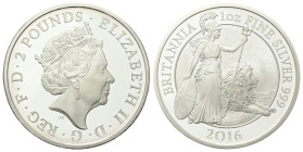 GRAN BRETAGNA
Elisabetta II, 1952-2022.
Due Pounds 2016 Britannia.
Ag
gr. 31,21
Dr. Quinto Ritratto della Regina Elisabetta II a d., indossa il d...