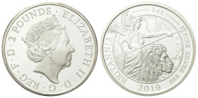 GRAN BRETAGNA
Elisabetta II, 1952-2022.
Due Pounds 2019 Britannia.
Ag
gr. 31,21
Dr. Quinto Ritratto della Regina Elisabetta II a d., indossa il d...