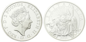 GRAN BRETAGNA
Elisabetta II, 1952-2022.
Due Pounds 2021 Britannia.
Ag
gr. 31,21
Dr. Quinto Ritratto della Regina Elisabetta II a d., indossa il d...