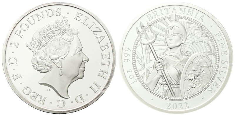 GRAN BRETAGNA
Elisabetta II, 1952-2022.
Due Pounds 2022 Britannia.
Ag
gr. 31...