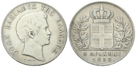 GRECIA
Otto I, 1832-1862.
5 Dracme 1833.
Ag
gr. 21,92
Dr. Testa nuda a d.
Rv. Stemma coronato tra due rami di alloro.
KM#20.
Raro.
q. BB/BB