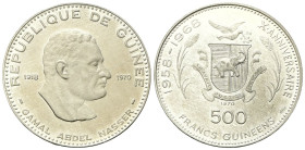 GUINEA
Gamal Abdel Nasser, 1918-1970.
500 Franchi 1970.
Ag
gr. 28,80
Dr. REPUBLIQUE DE GUINEE / GAMAL ABDEL NASSER. Busto di scorcio verso d.
Rv...