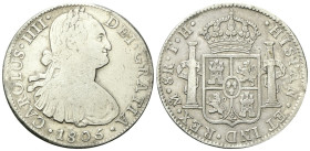 MESSICO
Carlo IV di Spagna, 1788-1808.
8 Reales 1805 T H.
Ag
gr. 26,59
Dr. Busto laureato e corazzato a d.
Rv. Stemma coronato tra due colonne....