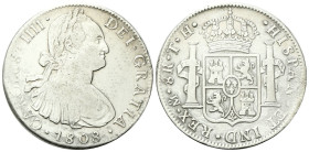 MESSICO
Carlo IV di Spagna, 1788-1808.
8 Reales 1808 T H.
Ag
gr. 26,42
Dr. Busto laureato e corazzato a d.
Rv. Stemma coronato tra due colonne....
