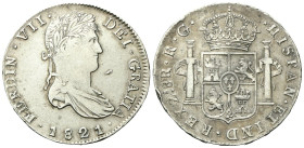 MESSICO
Ferdinando VII di Spagna, 1808-1833.
Zacatecas. 8 Reales 1821 R G.
Ag
gr. 26,68
Dr. Busto laureato e corazzato a d.
Rv. Stemma coronato ...