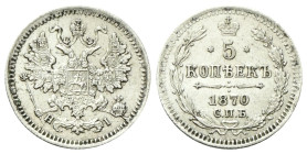RUSSIA 
Alessandro II, 1855-1881.
5 Kopeki 1870 С. П. Б. HI.
Ag
gr. 0,79
Dr. Aquila bicipite coronata.
Rv. 5 / КОПѢЕКЪ / 1870 / С. П. Б. (Valore...