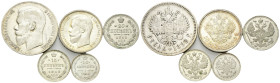RUSSIA
Nicola II, 1894-1917.
Lotto di 5 monete russe così composto: Rublo 1898 San Pietroburgo, 50 Kopechi 1913 San Pietroburgo, 20 Kopechi 1912, e ...