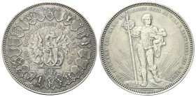 SVIZZERA
Basilea. Tiri federali.
5 Franchi 1879 Basilea.
Ag
gr. 24,94
Dr. Stemma della città attorniato da scudi.
Rv. Guerriero stante con lunga...