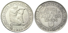 SVIZZERA
Tiri federali.
5 Franchi 1939 Lucerna.
Ag
gr. 19,44
Dr. Soldato inginocchiato verso d., tiene fucile.
Rv. Motto e scudo del cantone.
H...