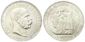 UNGHERIA
Francesco Giuseppe I d’Asburgo Lorena, 1848-1916.
5 Corone 1907, 40° anniversario dell’Incoronazione di Francesco Giuseppe I.
Ag
gr. 23,9...