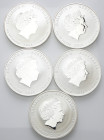 LOTTI MULTIPLI
Australia. Elisabetta II, 1952-2022. 
Lotto di n. 5 - 1 Dollaro Lunar Series, anno del Dragone (2012), della capra (2015), dela caval...