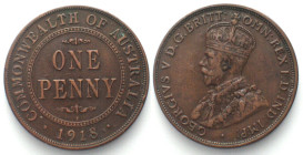 AUSTRALIA. Penny 1918 I, George V, copper, SCARCE DATE!